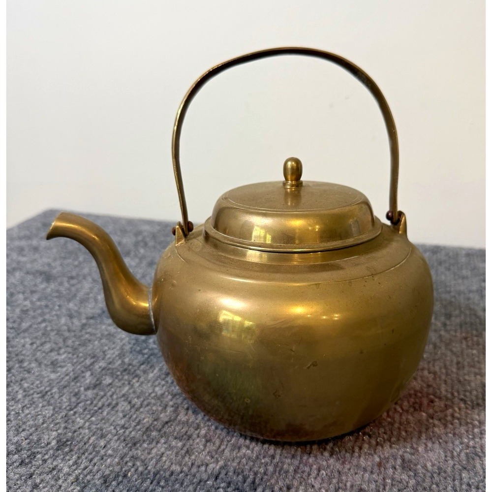 Vintage Korean Solid Brass Tea Kettle Teapot 1lb 13oz Korea Stamped Bail Handle
